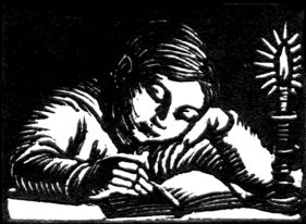 wood-engraving original print: Boy Reading for Cambridge Book of Poetry for Children